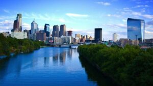 aerial drone view over the skyline in summer in Philadelphia, Pennsylania, USA